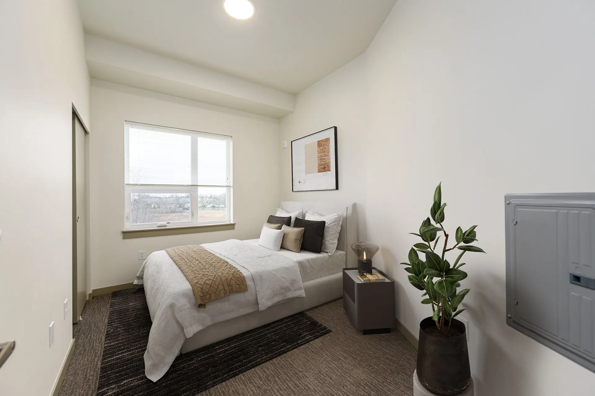 Bedroom with large bed next to a wall with a wide window, a nightstand, and potted plant on the floor.