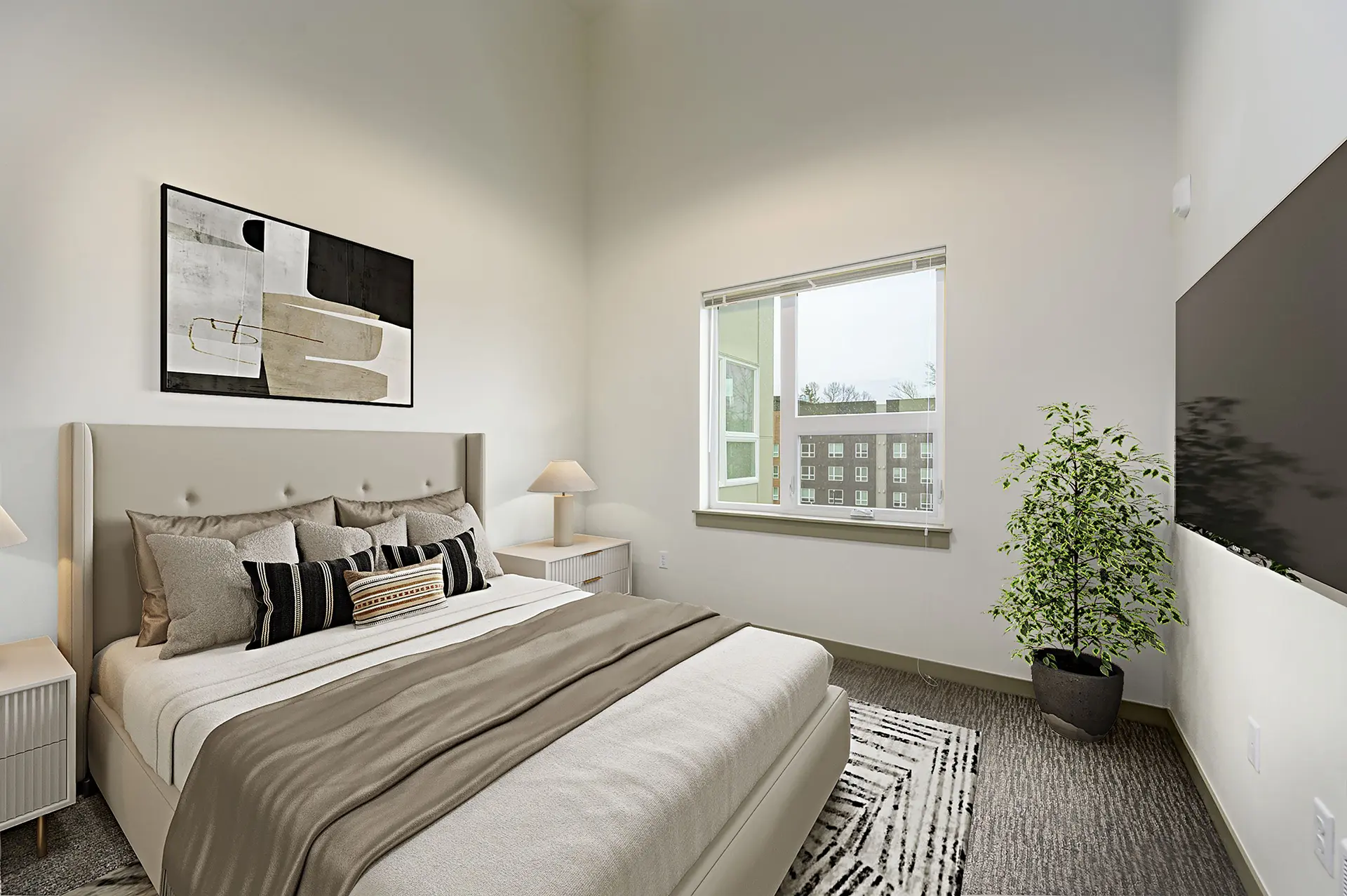 gray carpeted bedroom with high ceiling, window on the wall next to the queen sized bed, two cream colored nightstands, and a TV mounted on the wall opposite the bed.