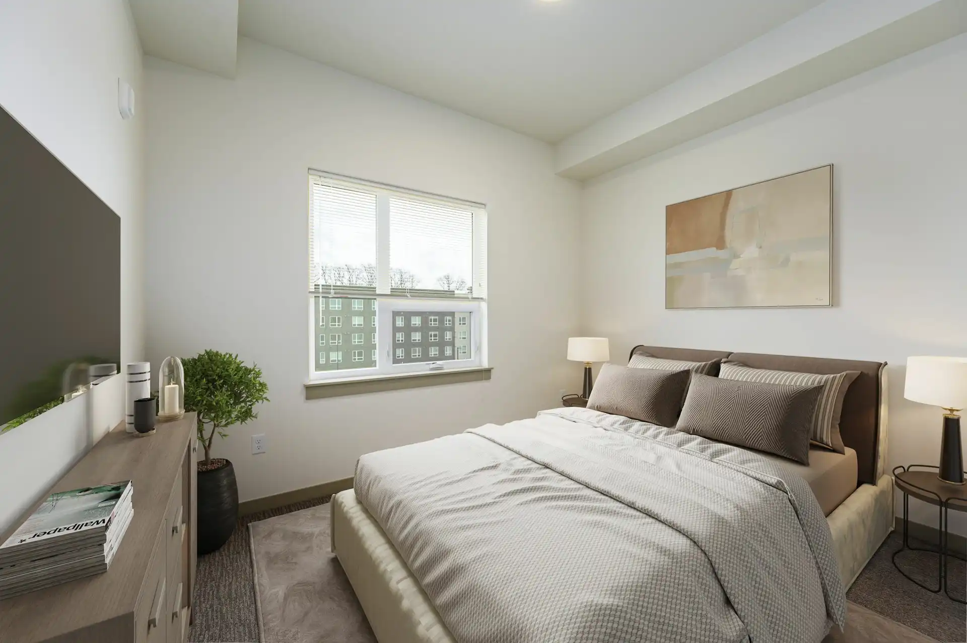 carpeted bedroom with tall ceiling, large bed, window, and wall mounted TV above a dresser